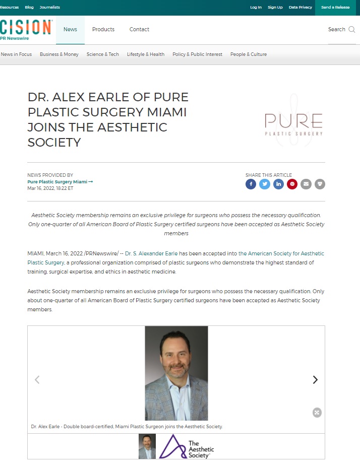 Dr. Alex Earle of Pure Plastic Surgery Miami Joins the Aesthetic Society